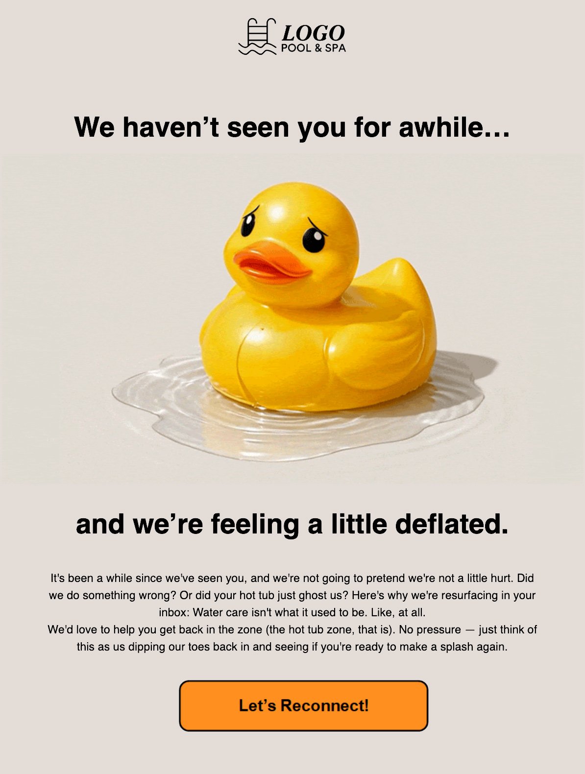 Win-back email design featuring the deflating duck concept