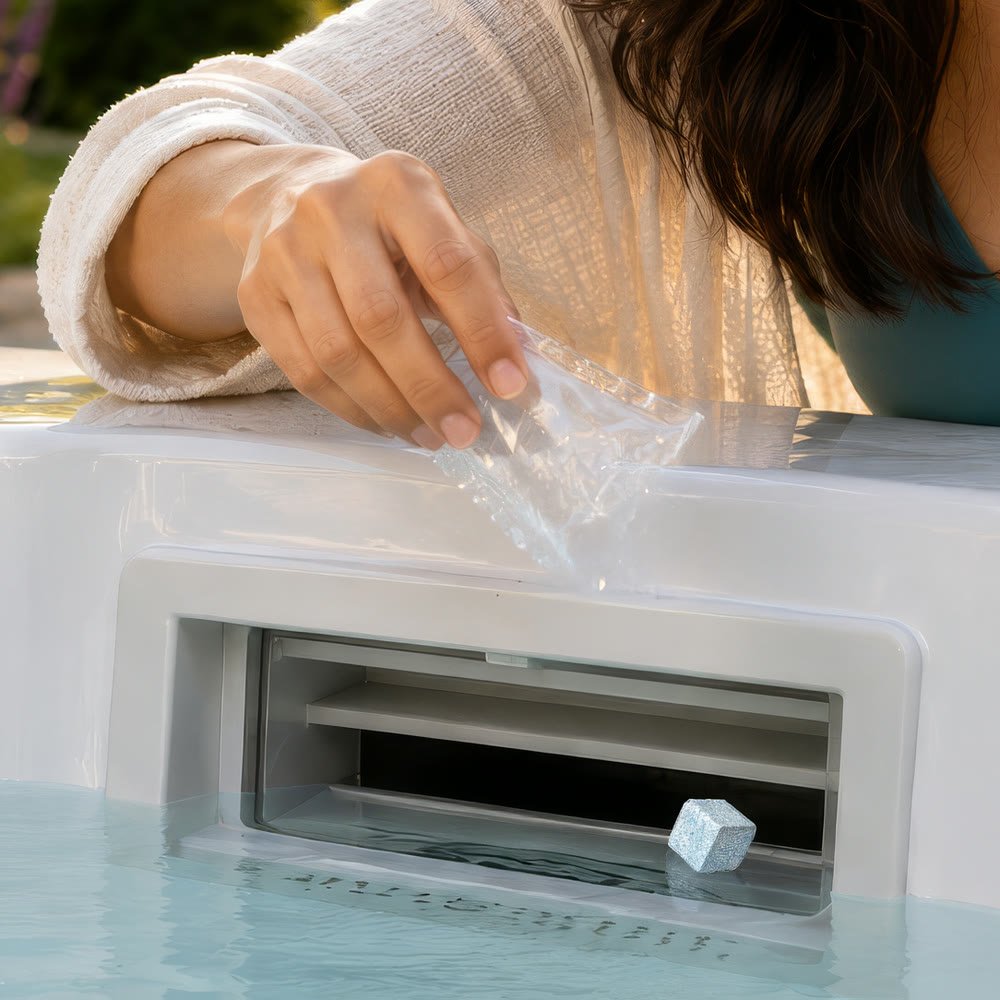 Water care cube dropped into a hot tub skimmer