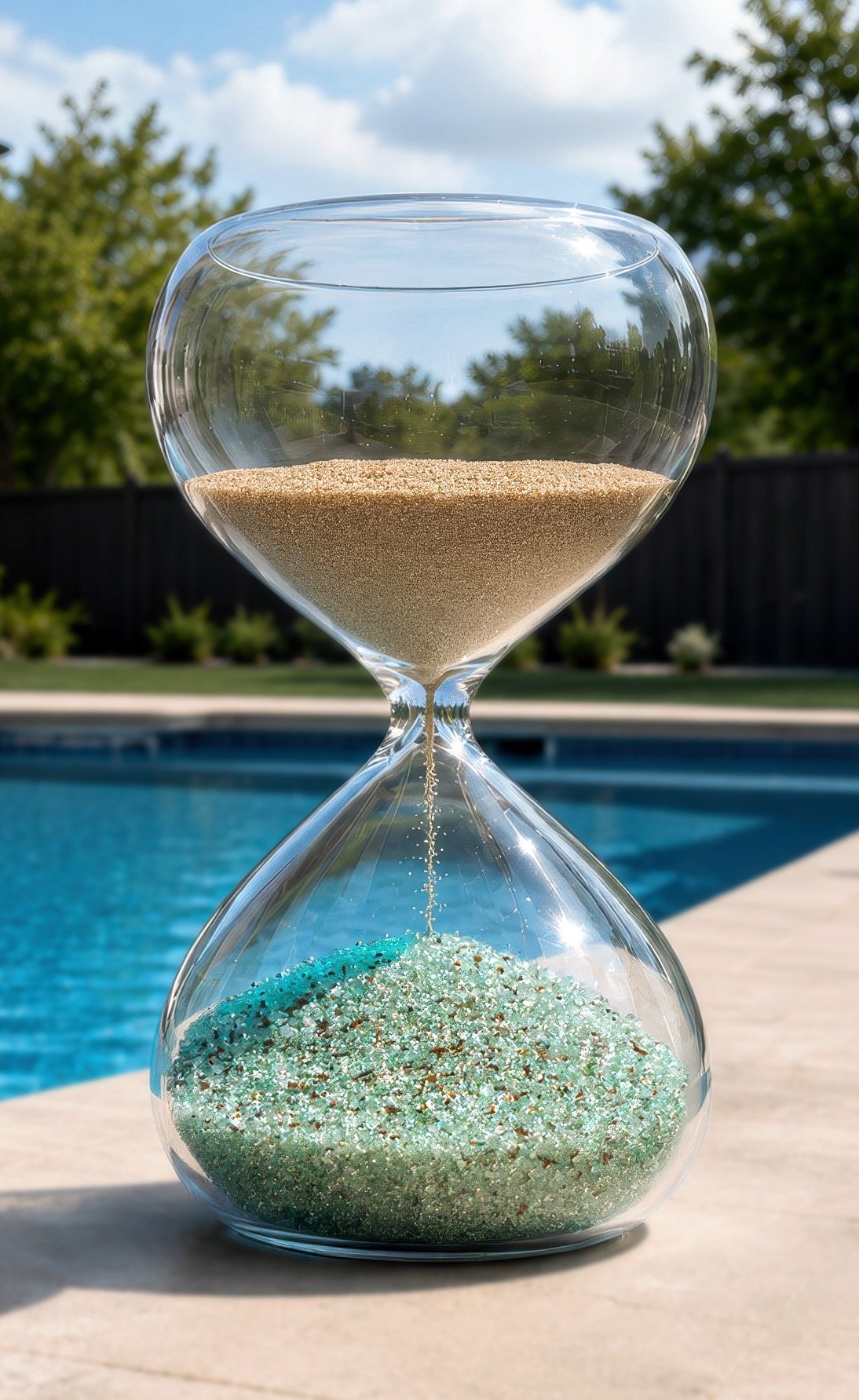 Glass hourglass by a pool, beige sand falling onto sparkling green glass filter media