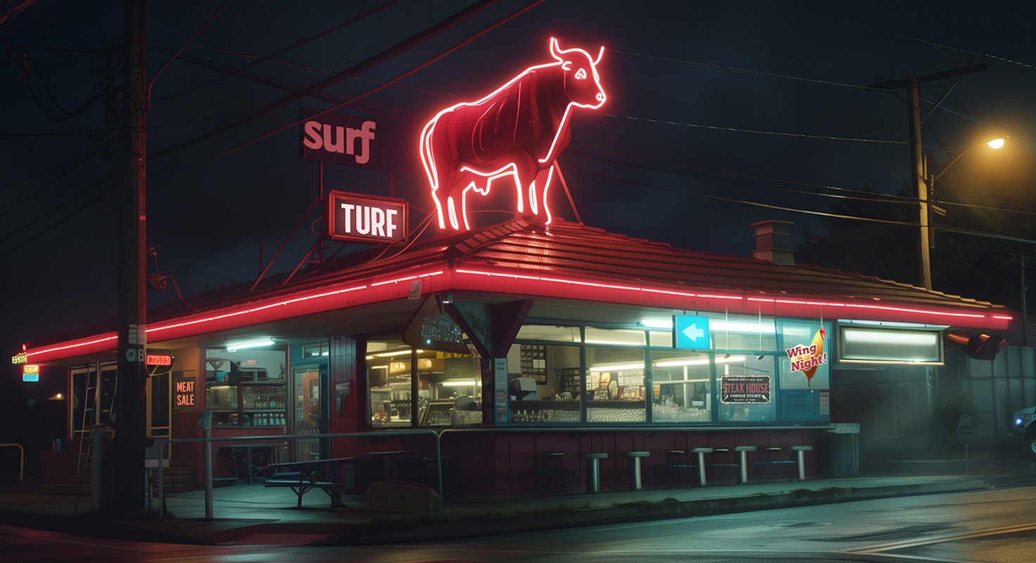 Roadside surf-and-turf diner at night, a glowing red neon bull on its roof