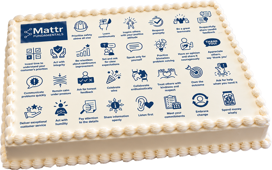 Sheet cake printed with the company principles and their icons