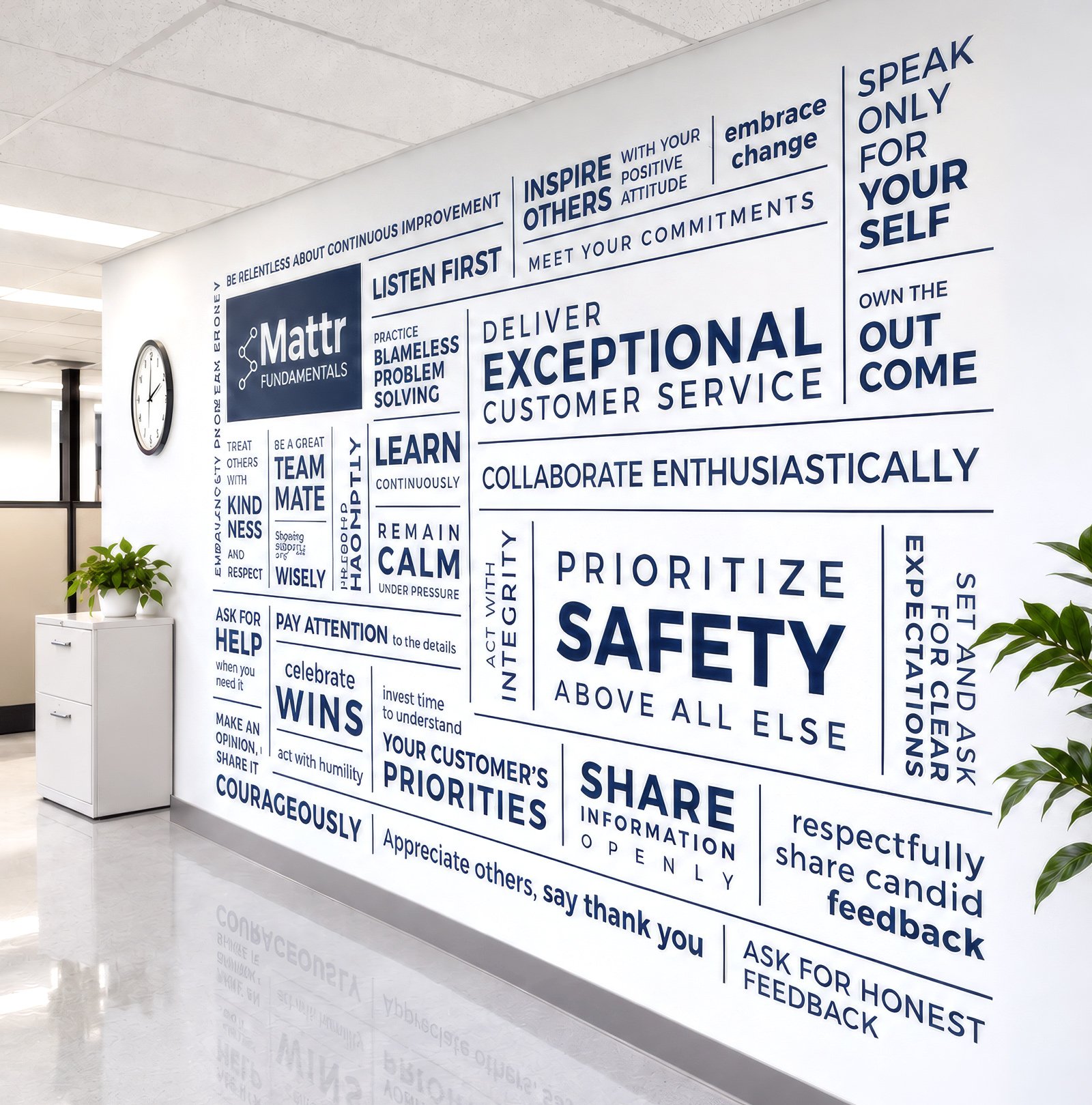 Office hallway wall covered in a company&rsquo;s core principles as large typographic graphics