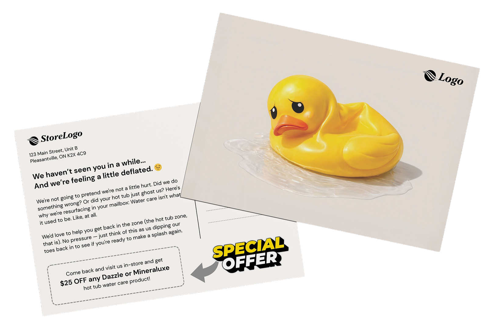 Customizable win-back postcard, front and back, featuring the deflating duck concept
