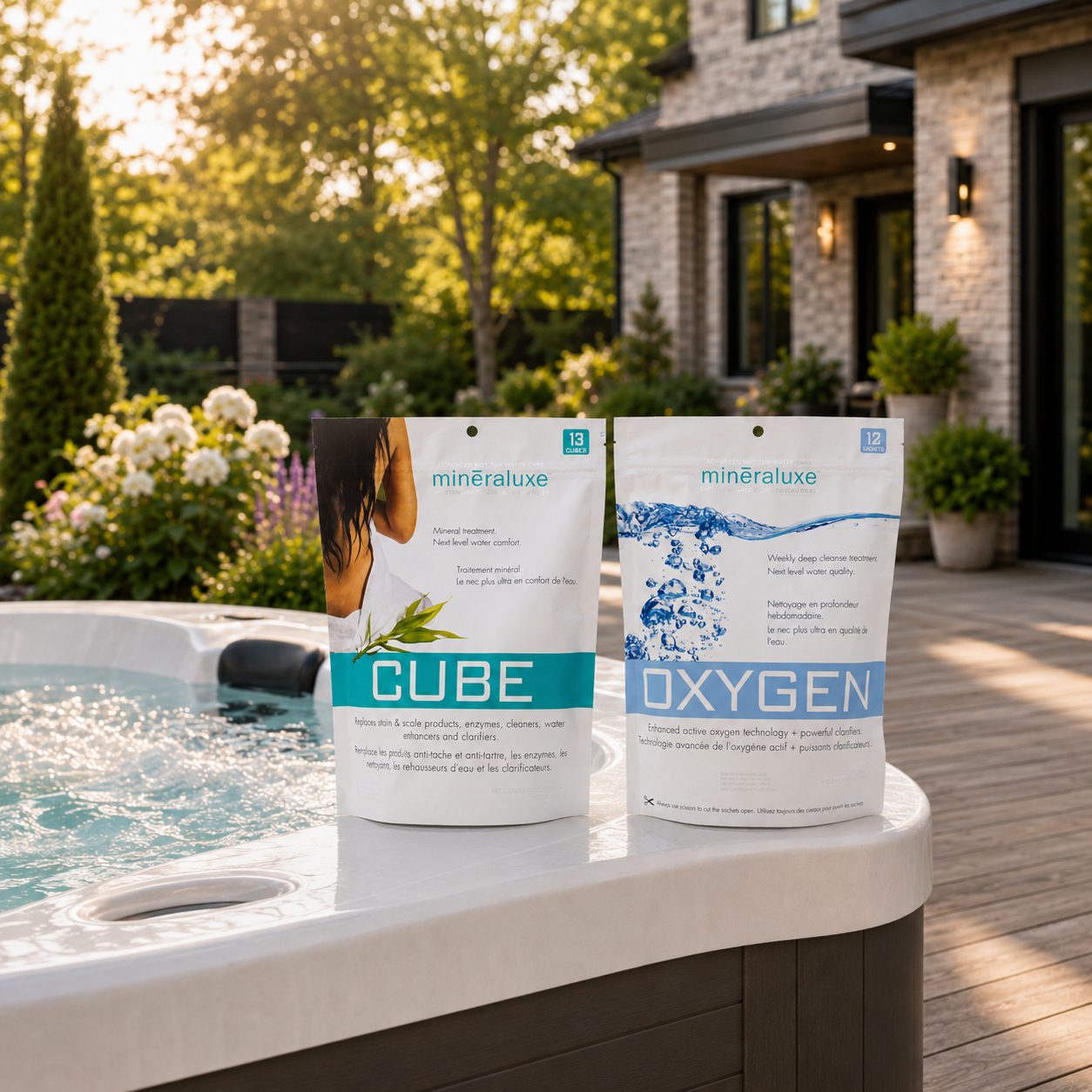 Two water care product bags on a hot tub