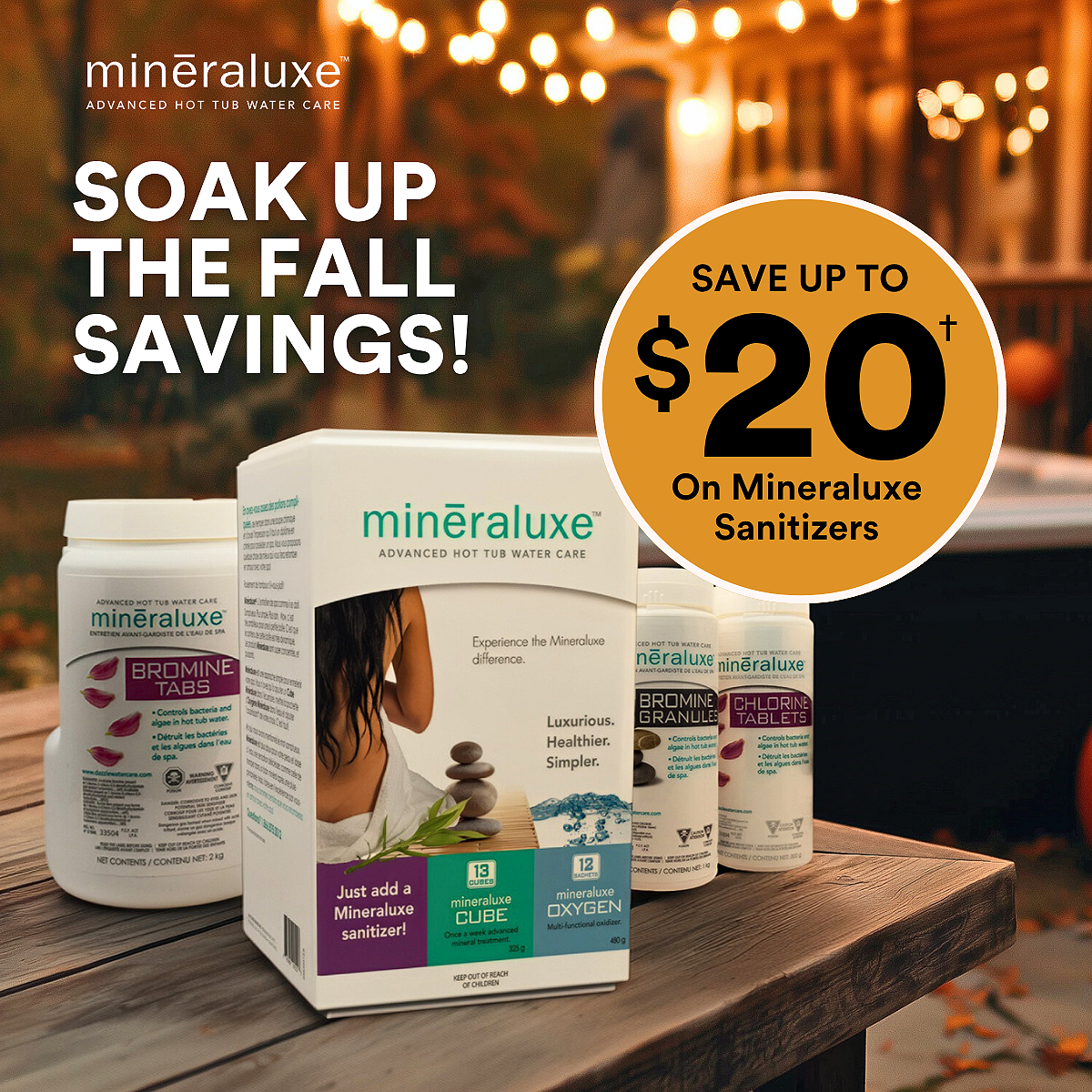 Fall savings social promo graphic for a hot tub water care brand