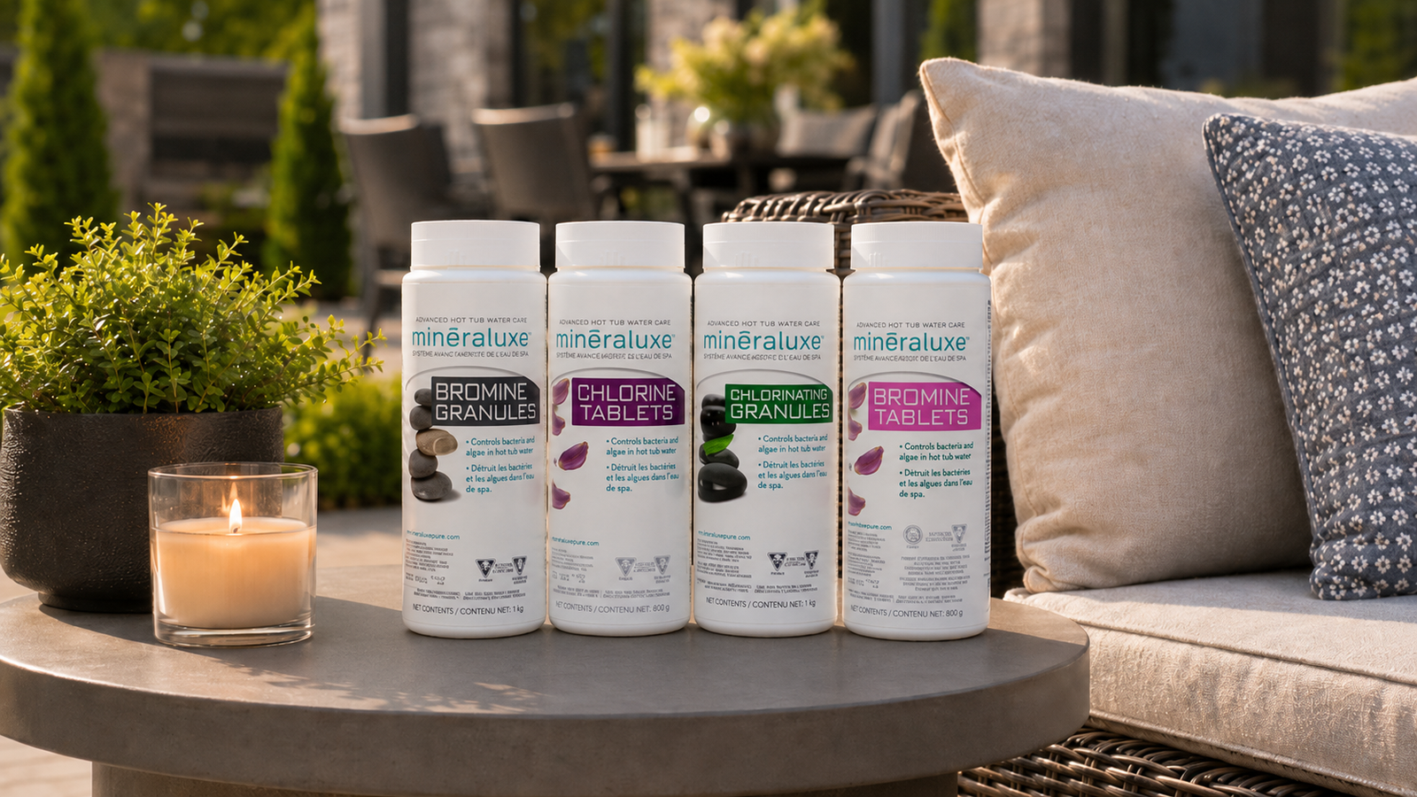Row of hot tub sanitizer bottles on a patio table