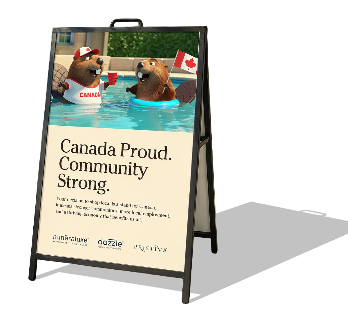 “Canada Proud. Community Strong.” A-frame sidewalk sign with cartoon beavers in a pool