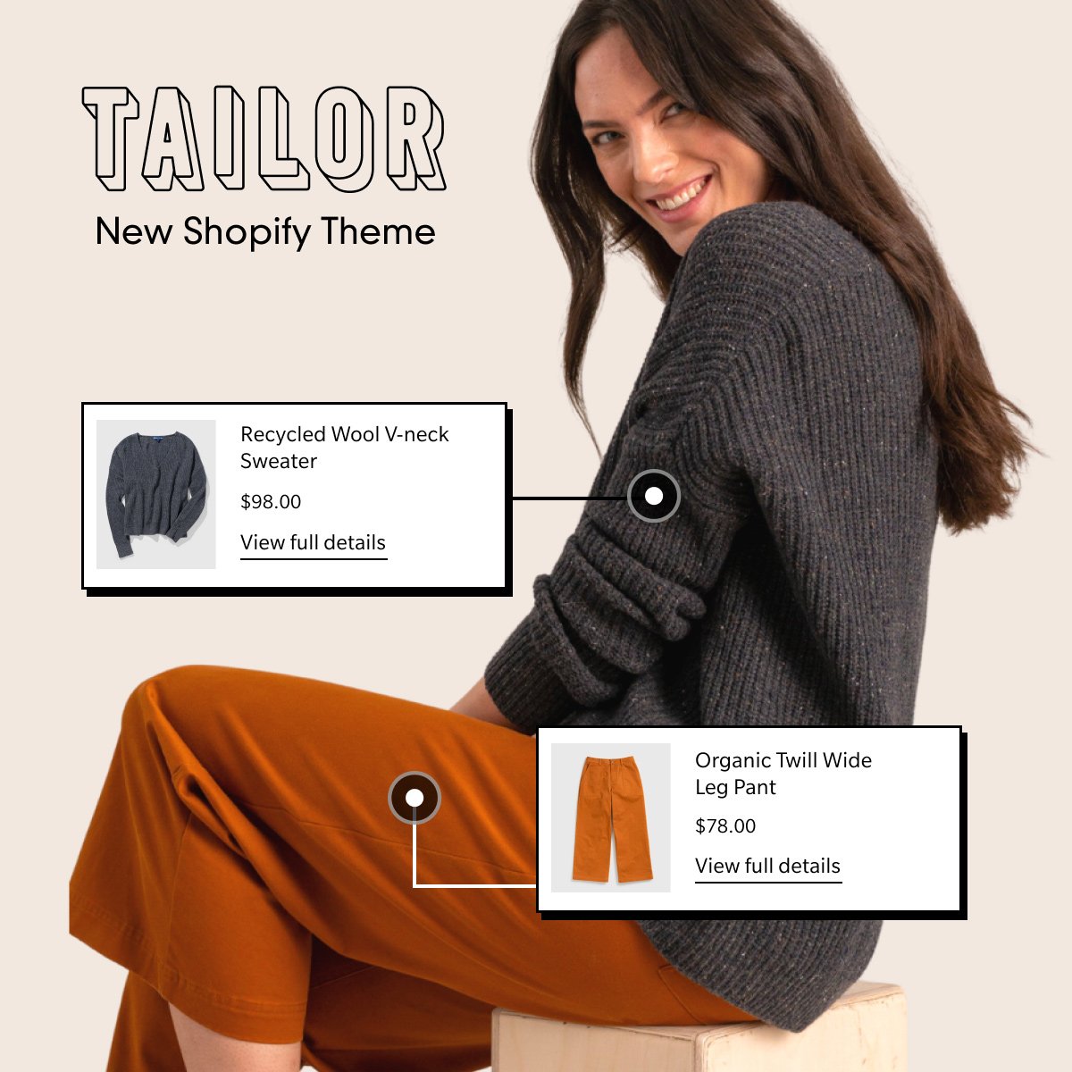 Tailor Shopify Theme &mdash; Shoppable hotspot ad graphic for a theme launch