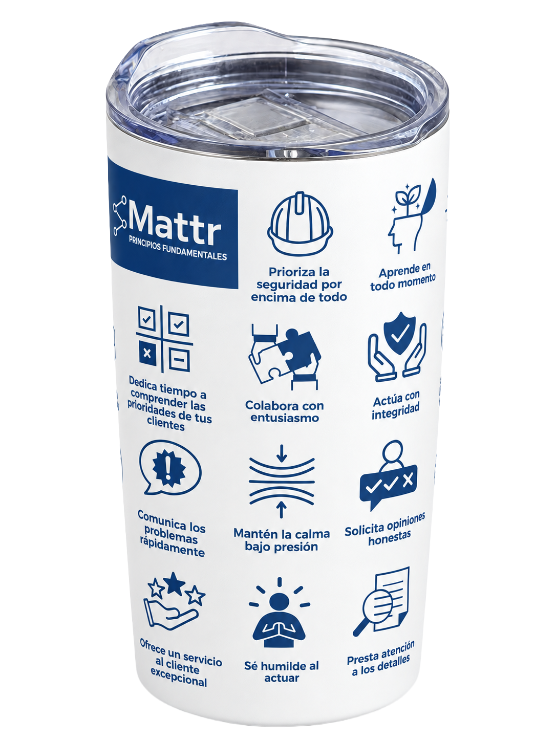 White tumbler printed with the company principles in Spanish