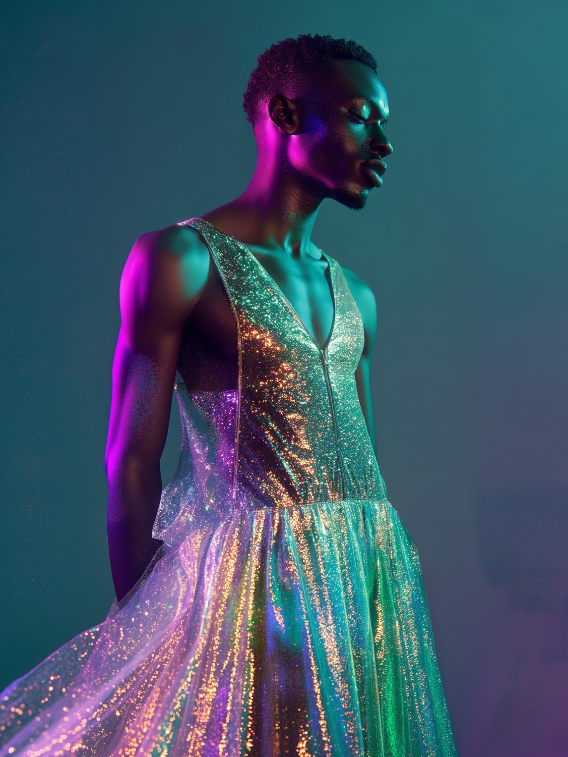 Model in a shimmering iridescent VOX Couture gown under teal and violet light